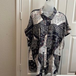 Blouse button down multi colored blue and red